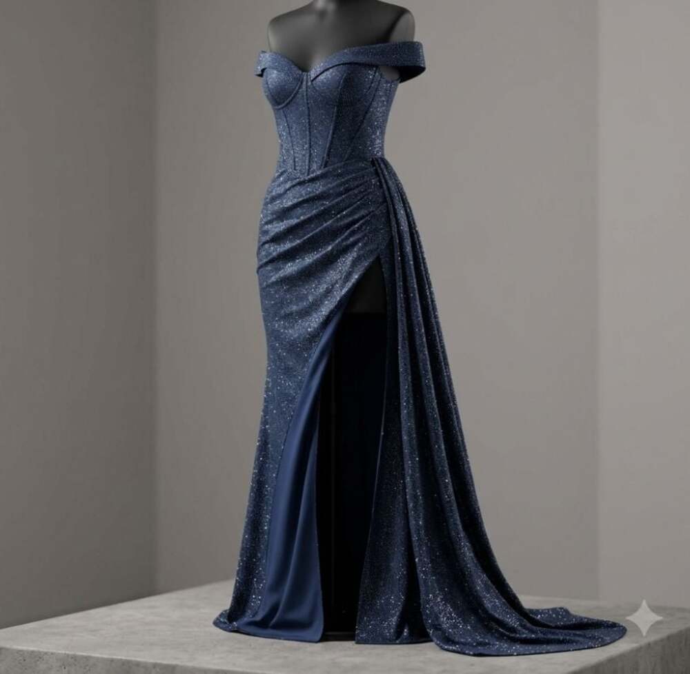 Off-Shoulder Glitter Embellished Corset Evening Gown with Thigh High Slit